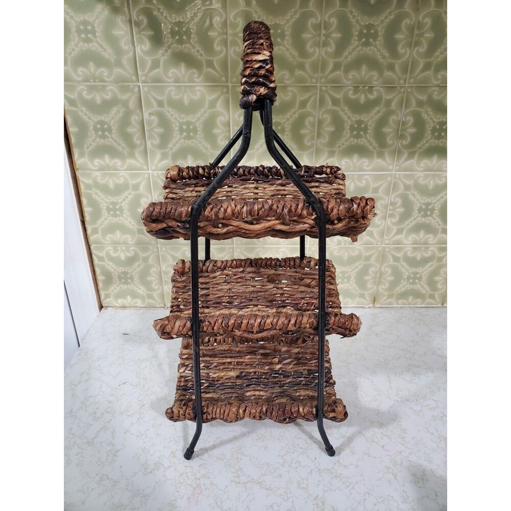 Black Wrought Iron and Woven Brown Rattan 3 Tiered Wine Rack - Holds 3 Bottles